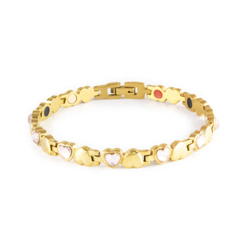 Dream gold-plated stainless steel bracelet with pink crystals clasped front view, heart-link design.